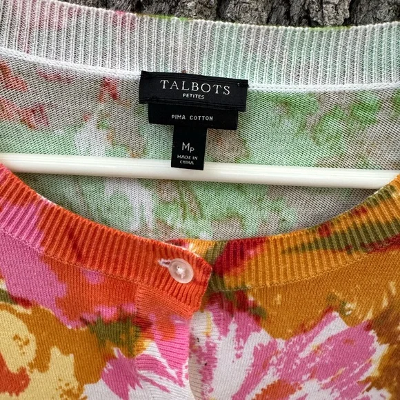 100% Pima Cotton Watercolor Cardigan Size M Petite‎ Floral Colorful 3/4 Sleeve - Picture 8 of 8